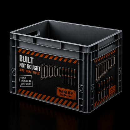 Ein grauer Kunststoff‑Eurobox‑Kasten mit einem aufgeklebten DIY‑Sticker‑Design. Die Sticker zeigen einen schwarzen Hintergrund mit orange‑grauen Warnstreifen oben und unten. Darauf sind Werkzeuge wie Schraubenschlüssel und Schraubendreher grafisch angeordnet, als hingen sie an einer Werkstatt‑Pegboard‑Wand. In der Mitte stehen die Texte “BUILT NOT BOUGHT”, “ROAD • CAMP • REPEAT”, “TOOLS EQUIPMENT ADVENTURE” und “VANLIFE WORKSHOP”.