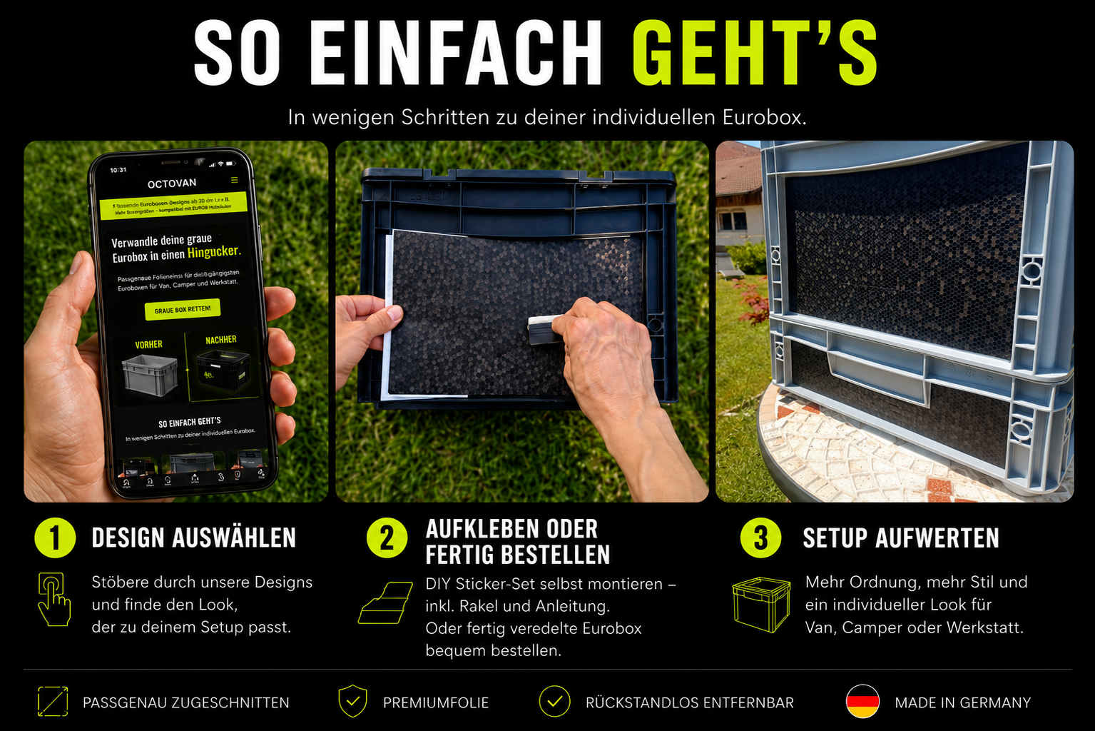 OctoVan Anleitung zur Eurobox-Veredelung: Design auswählen, Sticker-Set aufkleben und individuelles Vanlife- oder Outdoor-Setup gestalten.