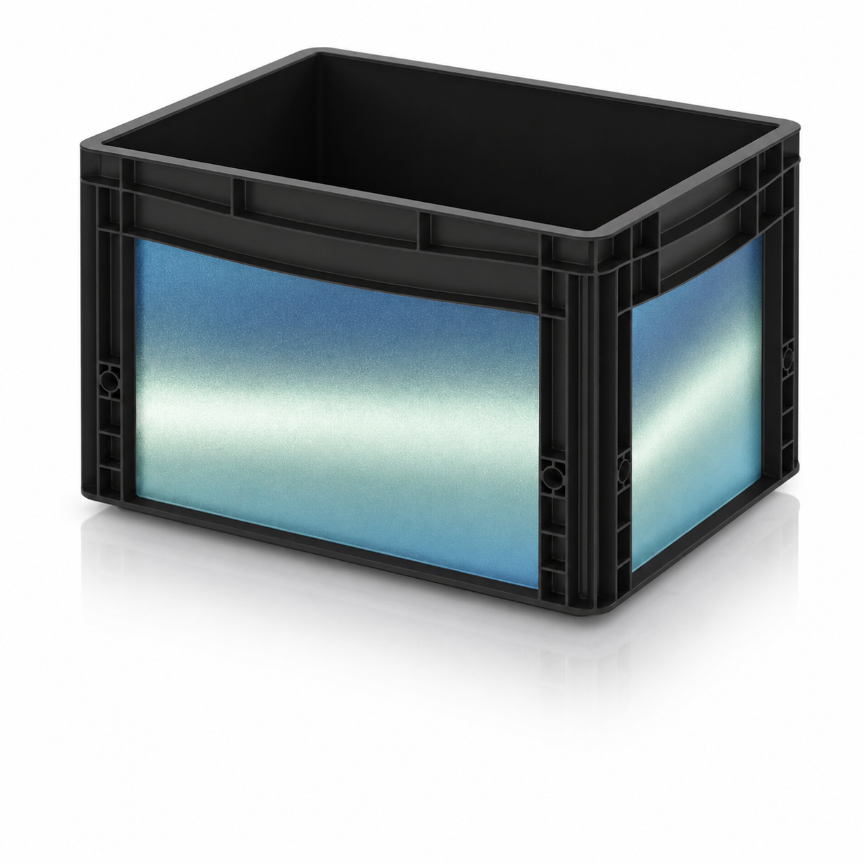 Schwarze Eurobox mit blau-grüner Effektfolie auf Front- und Seitenfläche, freigestelltes Produktbild auf hellem Hintergrund