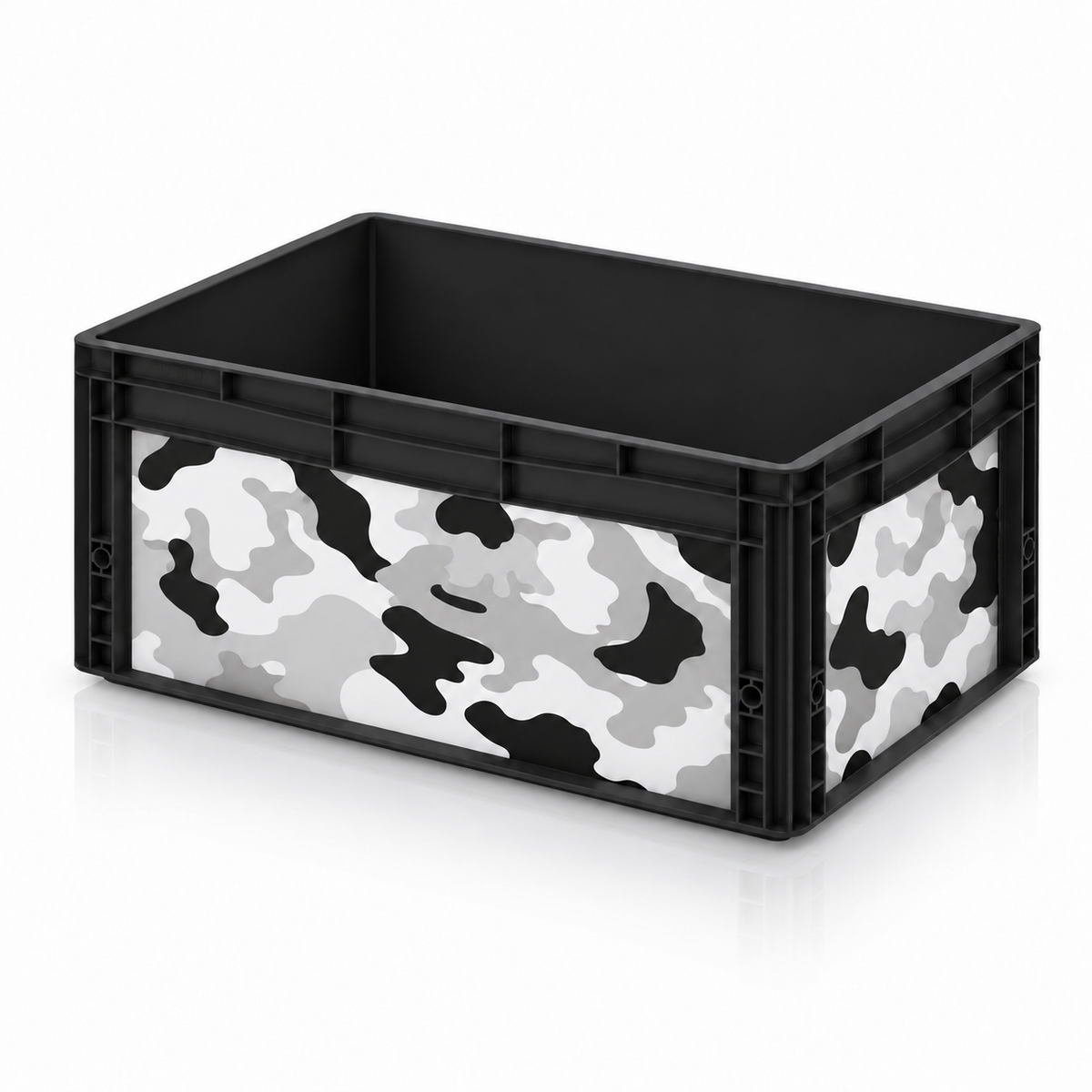 Schwarze AUER Eurobox 60 × 40 × 27 cm mit Camouflage-Folie in Schwarz, Weiß und Grau
