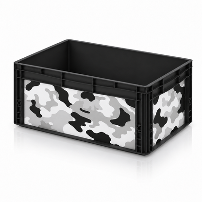 Schwarze AUER Eurobox 60 × 40 × 27 cm mit Camouflage-Folie in Schwarz, Weiß und Grau
