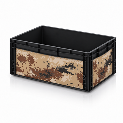 Schwarze AUER Eurobox 60 × 40 × 27 cm mit digitaler Camouflage-Folie in Braun und Beige

