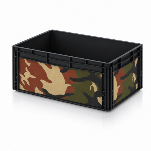 Schwarze AUER Eurobox 60 × 40 × 27 cm mit Classic-Tarnfolie von OctoVan
