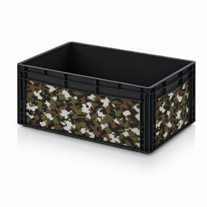 Schwarze AUER Eurobox 60 × 40 × 27 cm mit digitaler NATO-Camouflage-Folie von OctoVan
