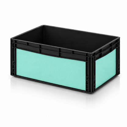 Schwarze AUER Eurobox 60 × 40 × 27 cm mit matter Folie in Mint-Türkis
