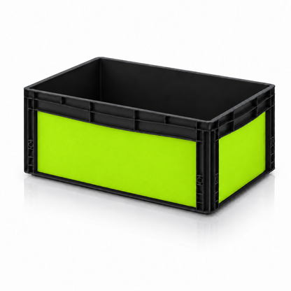 Schwarze AUER Eurobox 60 × 40 × 27 cm mit auffälliger neongrüner Folie
