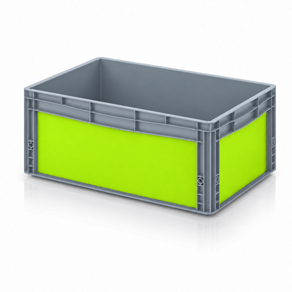 Graue AUER Eurobox 60 × 40 × 27 cm mit auffälliger neongrüner Folie
