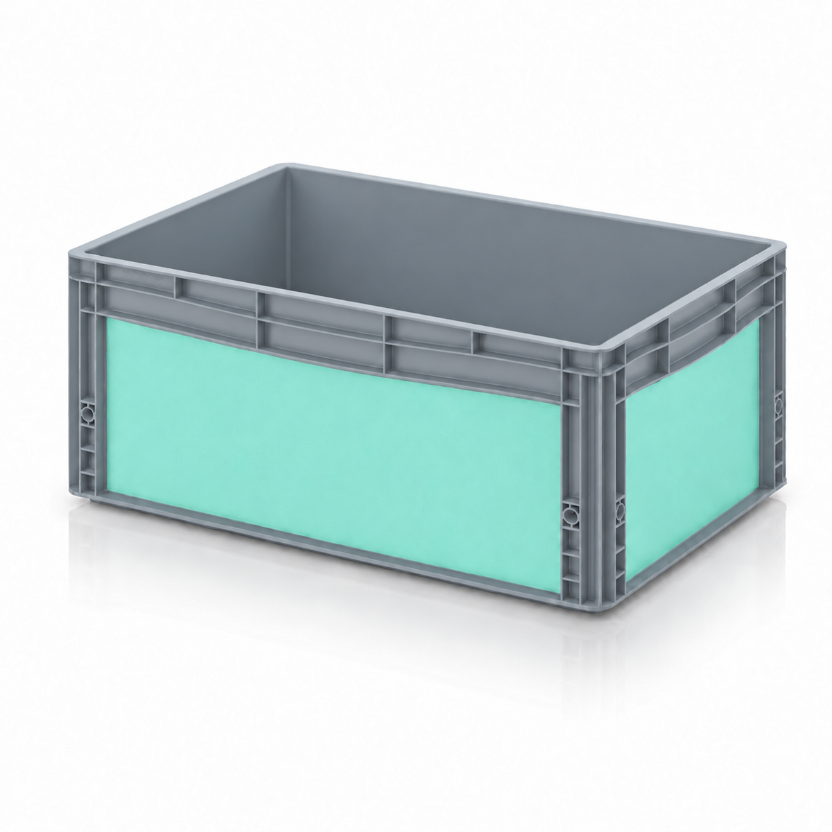 Graue AUER Eurobox 60 × 40 × 27 cm mit matter Folie in Mint-Türkis
