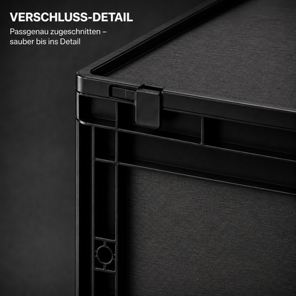 Detailaufnahme einer schwarzen Eurobox mit Verschluss und dunkler Strukturfolie, ergänzt durch den Text „Verschluss-Detail – Passgenau zugeschnitten, sauber bis ins Detail“.