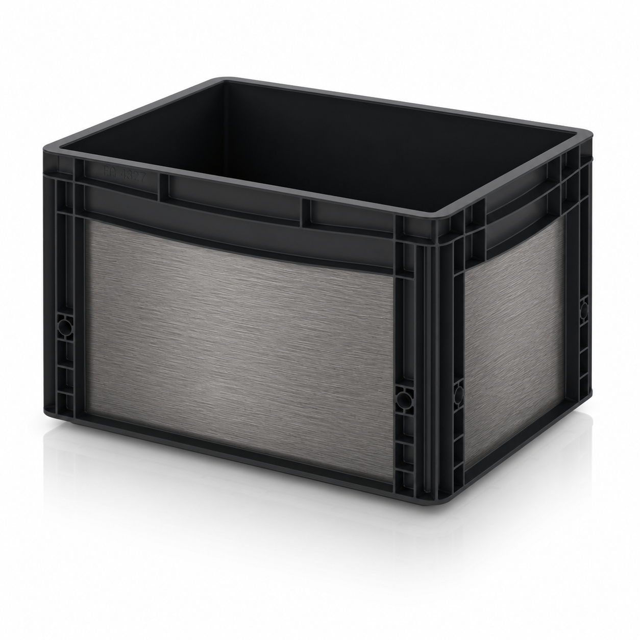 Schwarze Eurobox mit aufgeklebter gebürsteter Metallic-Folie in Anthrazit auf Front- und Seitenflächen.