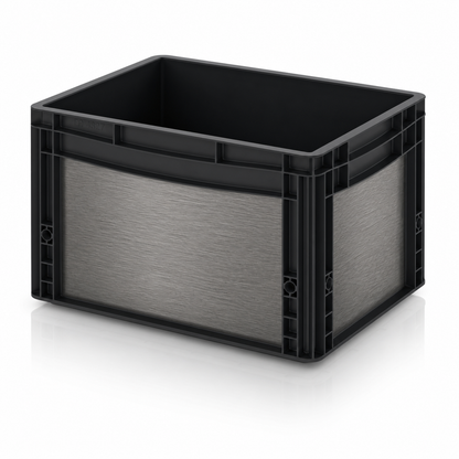 Schwarze Eurobox mit aufgeklebter gebürsteter Metallic-Folie in Anthrazit auf Front- und Seitenflächen.