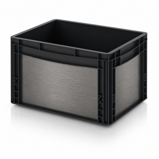Schwarze Eurobox mit aufgeklebter gebürsteter Metallic-Folie in Anthrazit auf Front- und Seitenflächen.