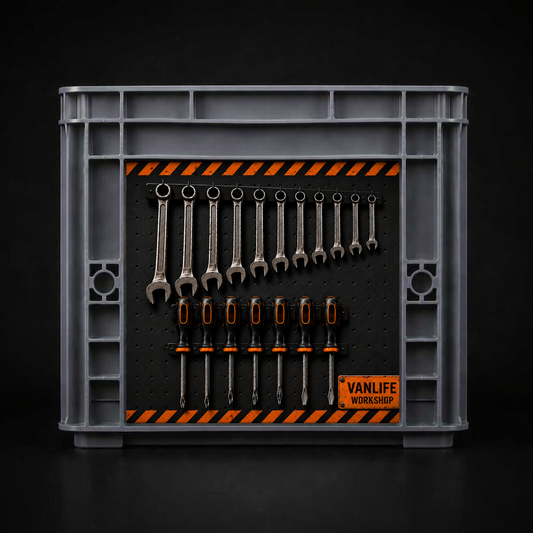 Seitenansicht Digitaldruck Sticker-Set "Built Not Bought" für Auer Eurobox 40×30×27 cm mit Werkzeugwand, Industrial-Design und Vanlife Workshop Motiv.