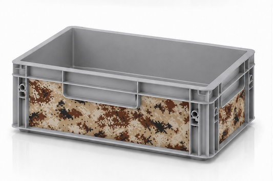 Graue Eurobox 40 x 30 x 12 cm mit passgenauem Camouflage Braun Sticker-Set von OctoVan für Vanlife, Camping und Outdoor.
