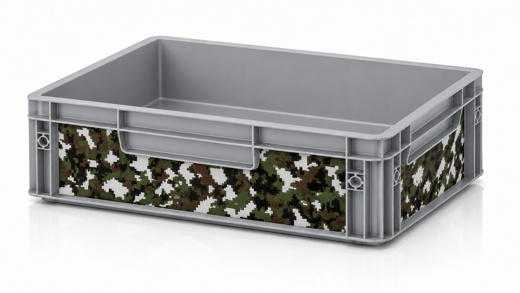 Graue Eurobox 40 x 30 x 12 cm mit passgenauem Digital Camouflage Grün Sticker-Set von OctoVan für Vanlife, Camping, Outdoor und Offroad.
