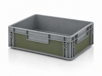 Graue Eurobox 40 x 30 x 12 cm mit grüner Effektfolie von OctoVan für Camper, Vanlife und Outdoor-Ausrüstung.