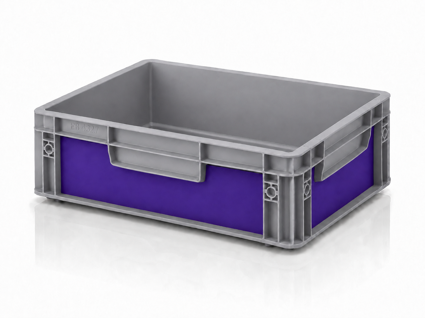 Graue Eurobox 40 x 30 x 12 cm mit lila Effektfolie von OctoVan für individuelle Camper- und Vanlife-Setups.