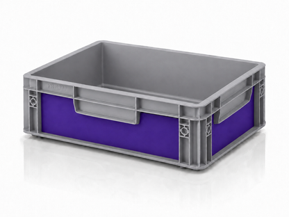 Graue Eurobox 40 x 30 x 12 cm mit lila Effektfolie von OctoVan für individuelle Camper- und Vanlife-Setups.