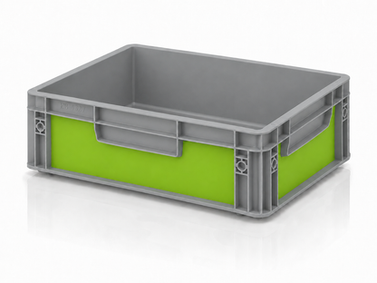 Graue Eurobox 40 x 30 x 12 cm mit limegrüner Effektfolie für Vanlife, Camping, Outdoor und Ordnungssysteme.