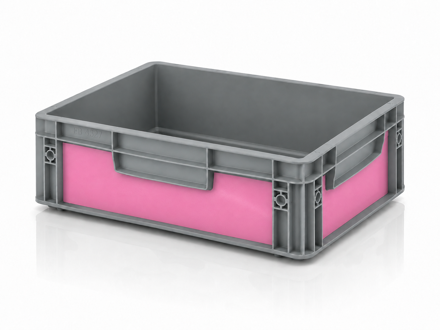 Graue Eurobox 40 x 30 x 12 cm mit pinker Effektfolie von OctoVan für Vanlife, Camping und Outdoor.