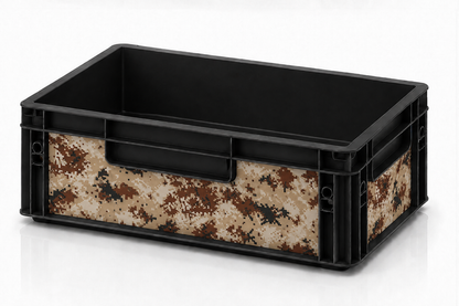 Schwarze Eurobox 40 x 30 x 12 cm mit Camouflage Braun Folierung von OctoVan für Camper, Vanlife und Outdoor-Ausrüstung.