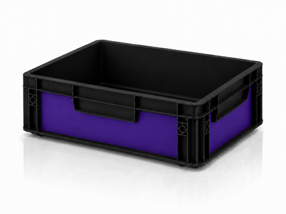 Schwarze Eurobox 40 x 30 x 12 cm mit lila Effektfolie als passgenaues Sticker-Set von OctoVan.