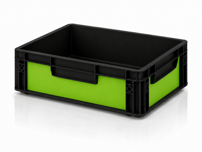 Schwarze Eurobox 40 x 30 x 12 cm mit limegrüner Effektfolie für Vanlife, Camping, Outdoor und Ordnungssysteme.