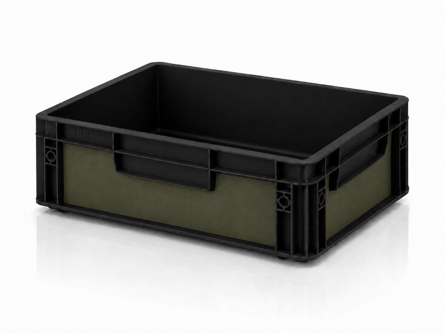 Schwarze Eurobox 40 x 30 x 12 cm mit olivgrüner Effektfolie von OctoVan für Vanlife, Camping und Heckgarage.