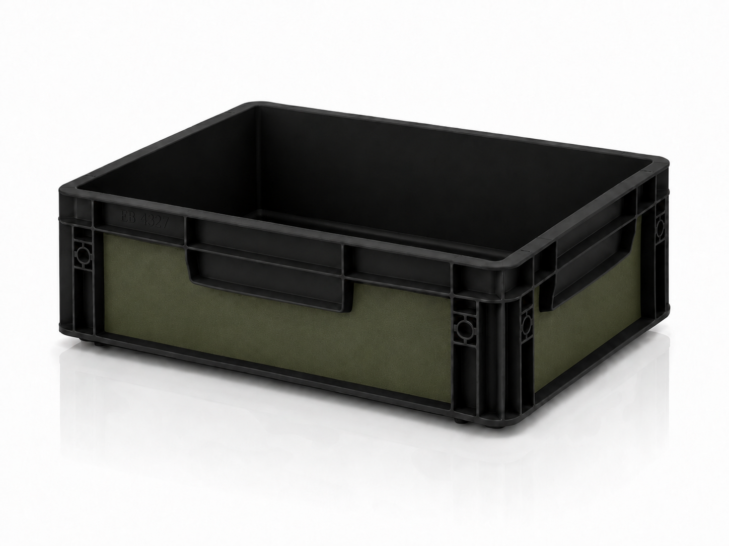 Schwarze Eurobox 40 x 30 x 12 cm mit olivgrüner Effektfolie von OctoVan für Vanlife, Camping und Heckgarage.