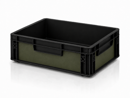 Schwarze Eurobox 40 x 30 x 12 cm mit olivgrüner Effektfolie von OctoVan für Vanlife, Camping und Heckgarage.