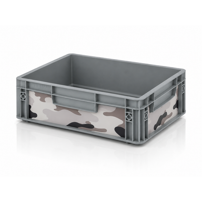 Eurobox 40x30x12 cm mit Camouflage SW Sticker-Set auf den Seitenflächen von OctoVan
