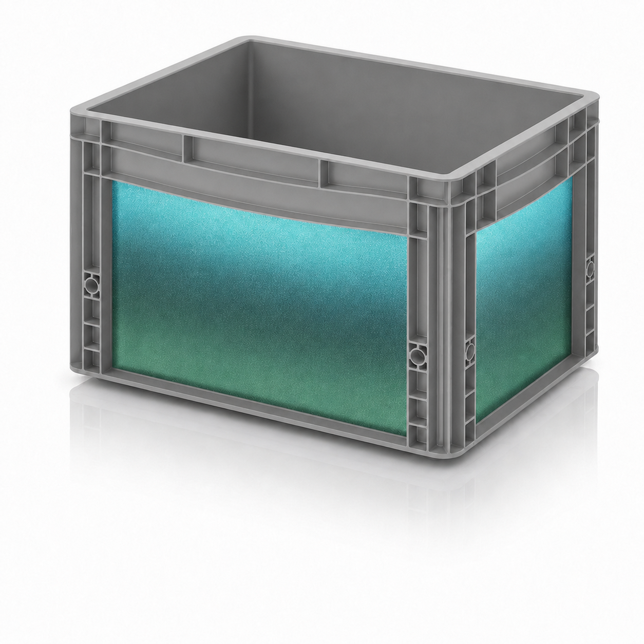 Graue Eurobox mit Oracal Shift Aquamarine Sticker-Set und blau-grünem Farbwechsel für Camping, Vanlife und Outdoor.