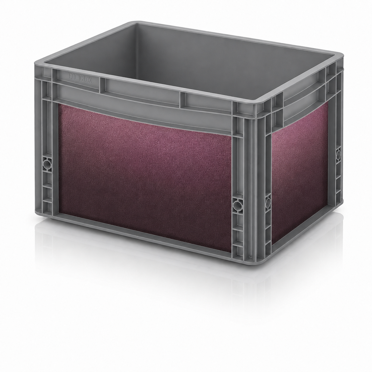   Graue Eurobox mit Oracal Shift Cranberry Sticker-Set in dunklem Rot-Pink-Effekt für Vanlife, Camping und Outdoor.