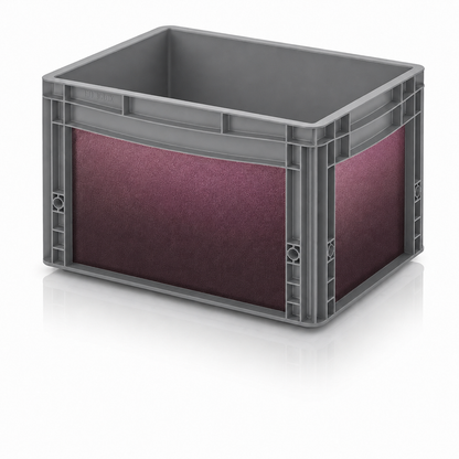  Graue Eurobox mit Oracal Shift Cranberry Sticker-Set in dunklem Rot-Pink-Effekt für Vanlife, Camping und Outdoor.