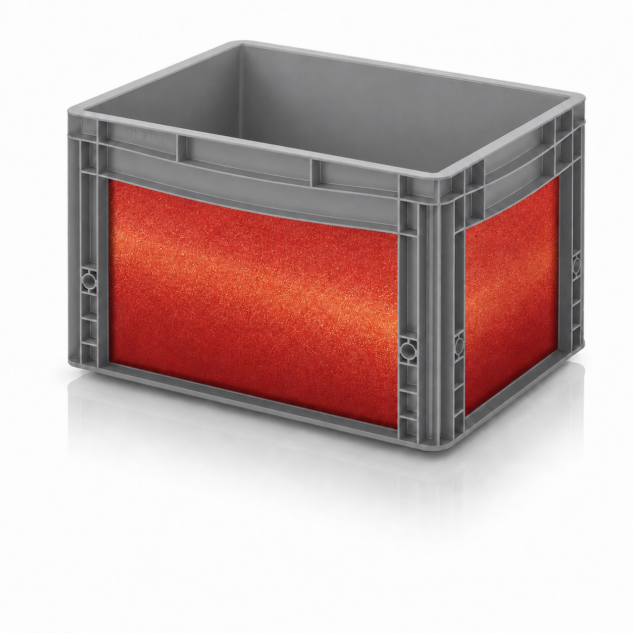Graue Eurobox mit Oracal Shift Sunset Sticker-Set und rot-goldenem Farbwechsel für Vanlife, Camping und Outdoor.