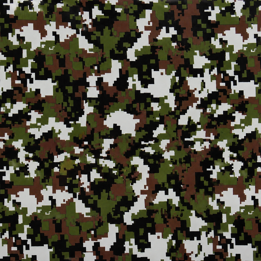 Digitale Camouflagefolie in Grün, Braun, Schwarz und Weiß als Nahaufnahme für OctoVan Eurobox Sticker-Set.