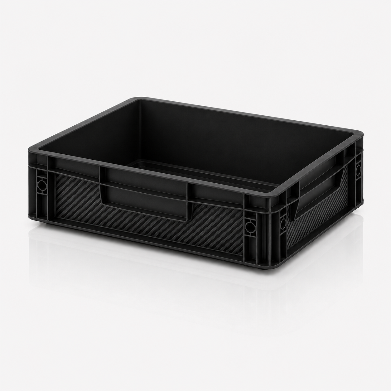 Schwarze Eurobox 40 × 30 × 12 cm mit passgenauem OctoVan Carbon Black Sticker-Set für Vanlife, Camping und Outdoor.