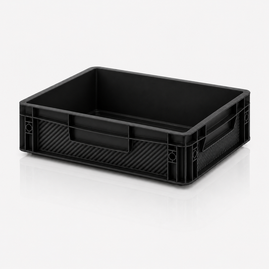 Schwarze Eurobox 40 × 30 × 12 cm mit passgenauem OctoVan Carbon Black Sticker-Set für Vanlife, Camping und Outdoor.