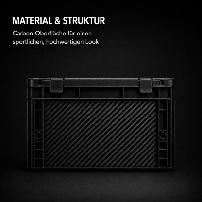 Detailansicht der Carbon-Strukturfolie auf einer OctoVan Eurobox mit realistischer Carbon-Oberfläche.
