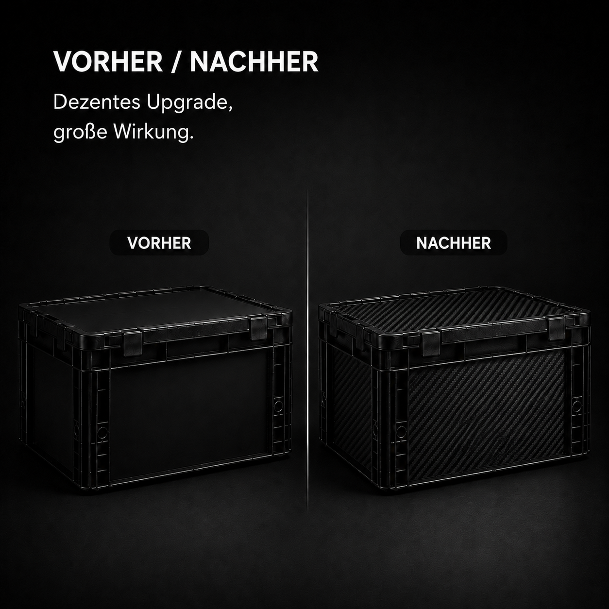 OctoVan Eurobox Carbon in Front- und Seitenansicht mit hochwertiger Carbon-Folierung und geschlossenen Seiten.