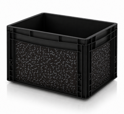 Schwarze Eurobox mit OctoVan Hexagon Black Sticker-Set für Vanlife, Camping und Outdoor.