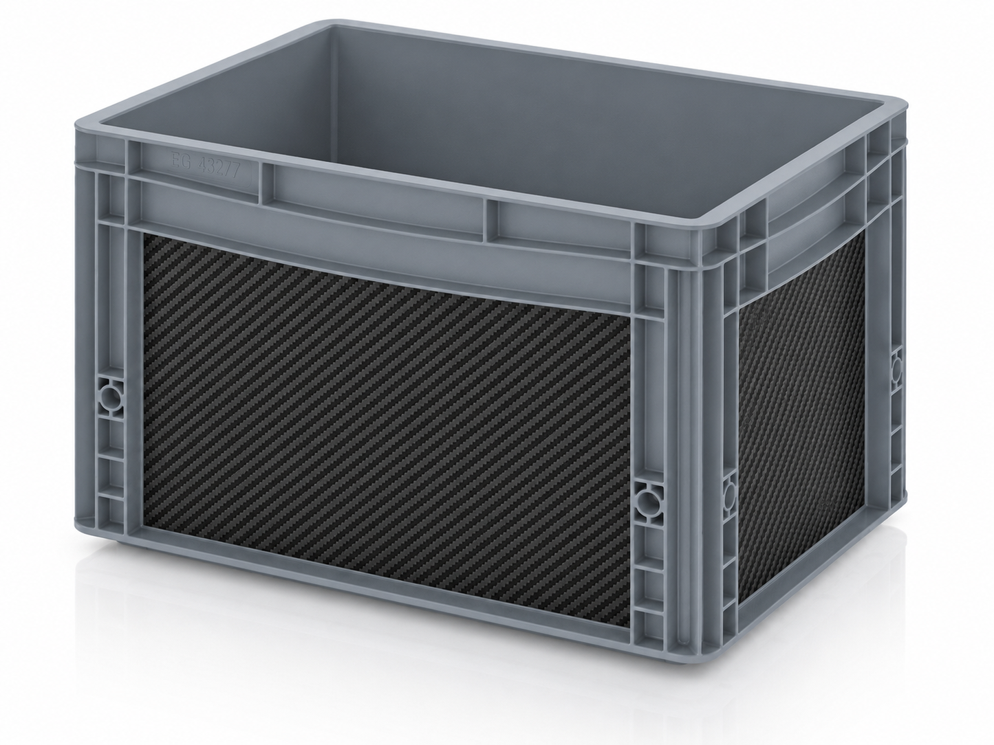 Graue Eurobox mit passgenauer Carbon Black Folierung von OctoVan für Camper, Vanlife und Ordnungssysteme.