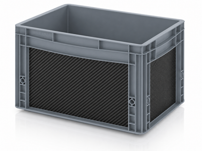 Graue Eurobox mit passgenauer Carbon Black Folierung von OctoVan für Camper, Vanlife und Ordnungssysteme.