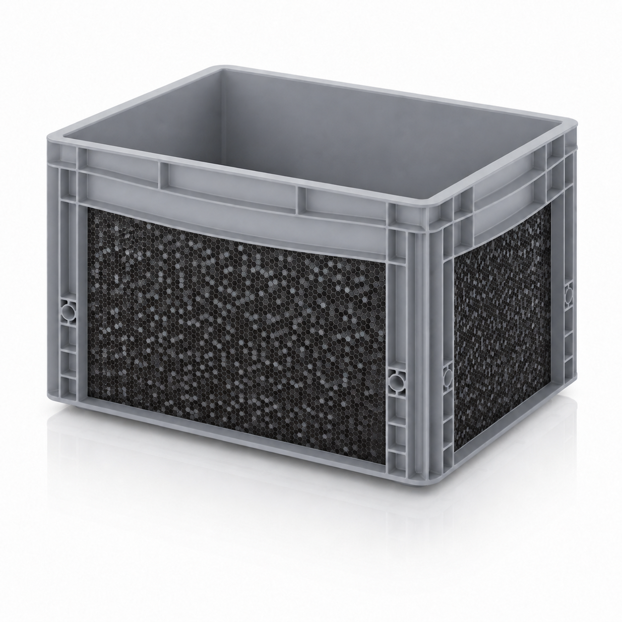 Graue Eurobox mit passgenauer Hexagon Black Folierung von OctoVan für Camper, Vanlife und Ordnungssysteme.