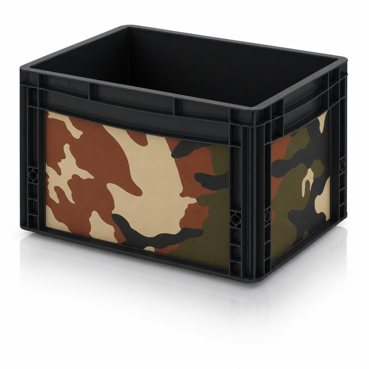 Schwarze Eurobox mit passgenauer Camouflagefolie in Grün, Braun und Schwarz auf Front- und Seitenflächen.