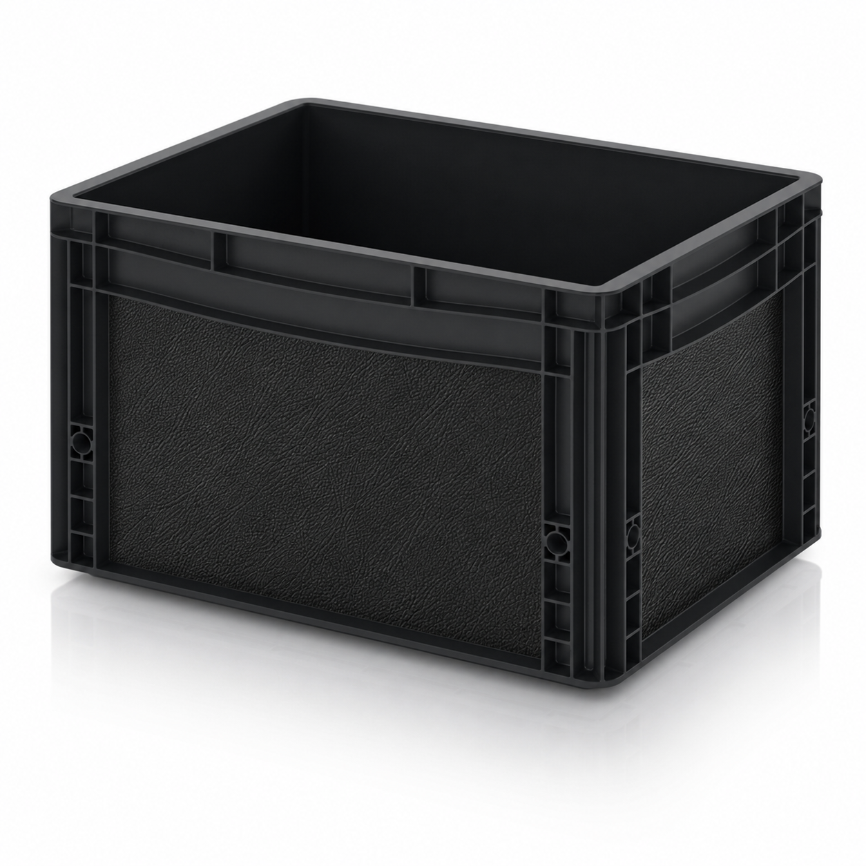 Schwarze Eurobox mit passgenauer Ledereffekt-Folie in Schwarz auf Front- und Seitenflächen.