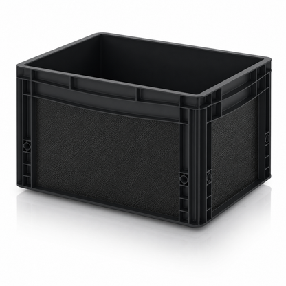 Schwarze Eurobox mit passgenauer Ledereffekt-Folie in Schwarz auf Front- und Seitenflächen.
