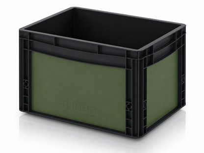 Schwarze Eurobox mit passgenauer matter Olivgrün-Folie auf Front- und Seitenflächen.