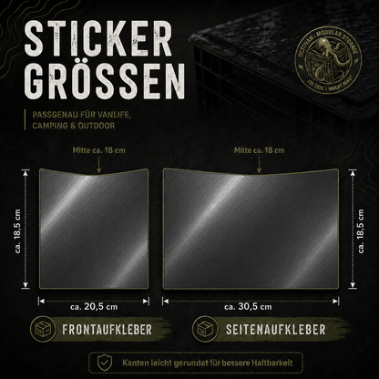 Grafik mit Aufklebermaßen für OctoVan Eurobox Sticker-Set Aluminium gebürstet.