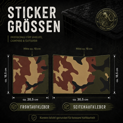 Grafik mit Aufklebermaßen für OctoVan Eurobox Sticker-Set Camouflage Grün Braun.
